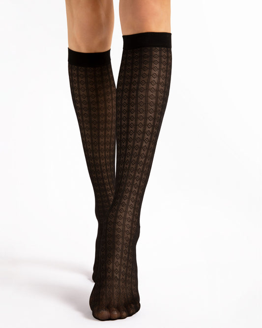 Fiore Diamond Crush 30 Den - Black semi-sheer micro mesh fashion knee-high socks with a vertical stripe and linear diamond style pattern and plain elasticated cuff.