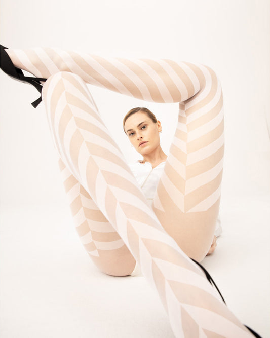 Fiore Distinct Tights - White sheer fashion tights with a woven opaque chevron style pattern.