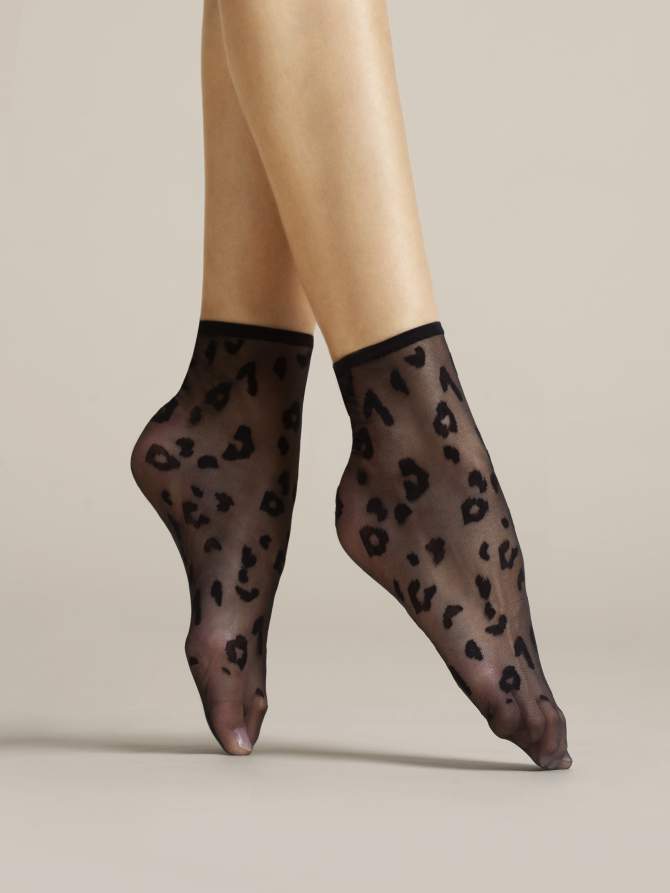Fiore Doria Sock - Sheer black fashion ankle socks with an all over woven leopard style print pattern and plain thin cuff.