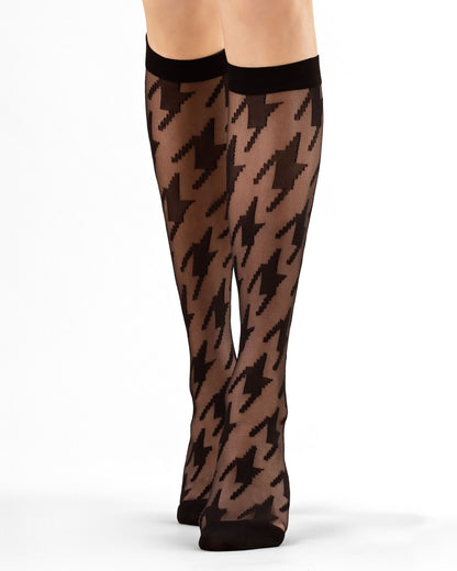 Fiore Grand Prix Knee-highs - Black sheer fashion knee-high socks with a large black woven houndstooth pattern and deep comfort.
