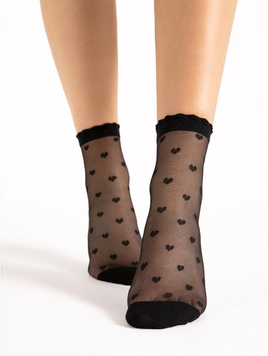 Fiore Iris Sock - Sheer black fashion ankle socks with an all over spotted heart pattern and scalloped edged cuff.