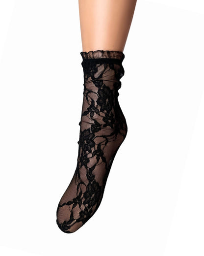 Fiore Ismena Sock - Floral lace tulle ankle socks with a short frill ruched cuff. Available in black and white.