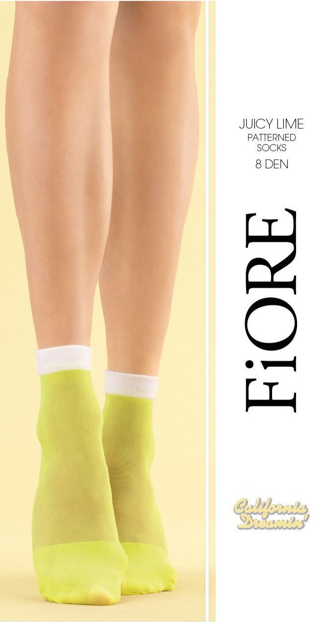 Fiore Juicy Lime Sock - Sheer bright neon lime green coloured fashion ankle socks with an opaque toe panel and plain white elasticated cuff.