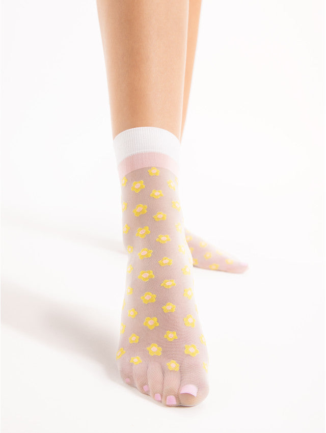 Fiore La La Sock - Sheer white fashion ankle socks with an all over woven floral pattern in yellow and pale pink and white stripe cuff.