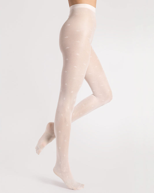 Fiore Lea 30 Den - Cream micro mesh fashion tights with a small flower and stem dotted pattern, geometric linear pattern, sheer body and reinforced toe.