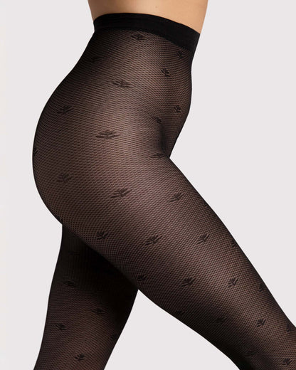 Fiore Lea 30 Den - Black micro mesh fashion tights with a small flower and stem dotted pattern, geometric linear pattern, sheer body and reinforced toe. Close up of waist.
