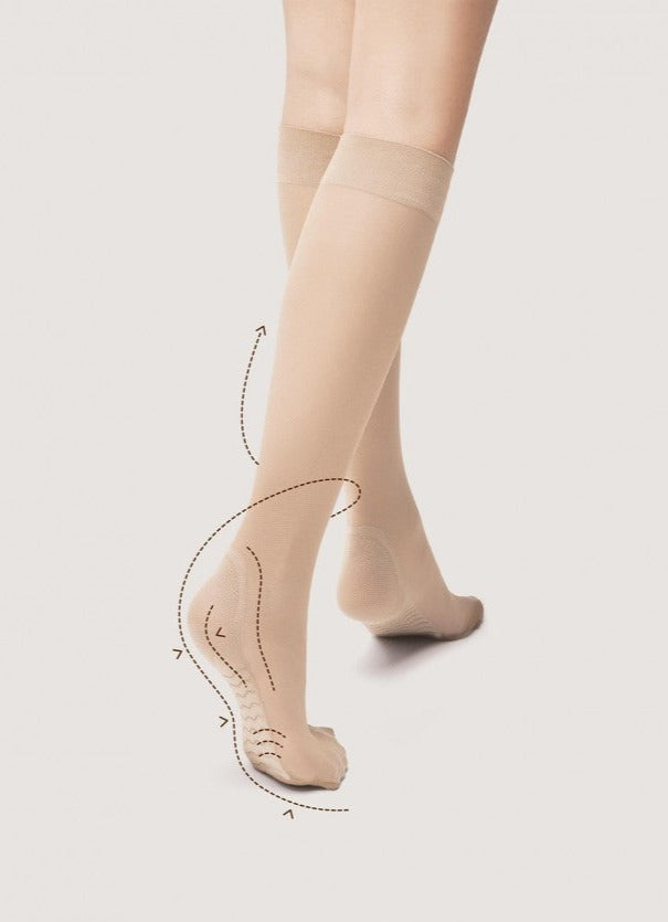 Fiore Massage Knee-High Sock - Sheer knee length with a prophylactic foot-massage effect on the sole and a non-pressure comfort cuff. Made with Silver Fresh Technology which helps keep skin fresh and dry.