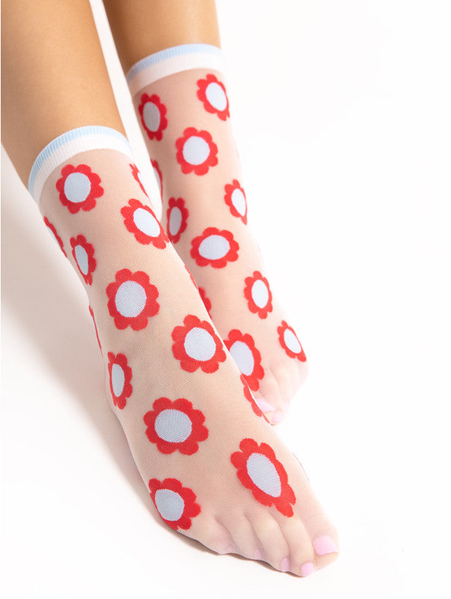 Fiore Mia Sock - Sheer white fashion ankle socks with an all over floral marigold style pattern in red and light blue and plain cuff with light blue and white stripe.