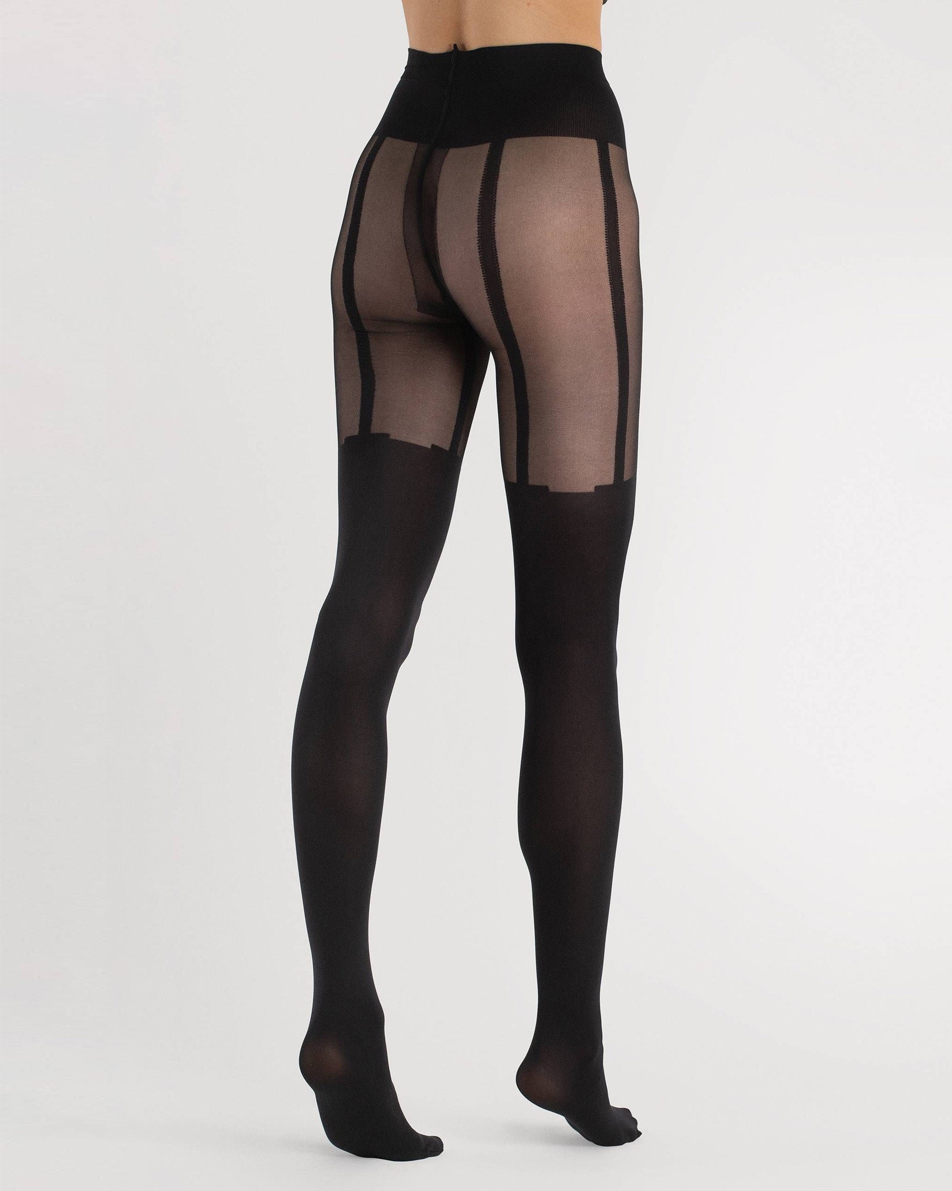 Black mock suspender design tights on a white background, back view.