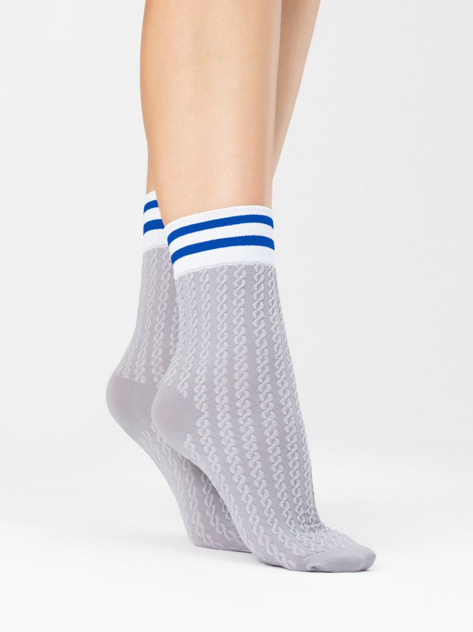 Fiore Player Sock - Light grey opaque fashion ankle socks with a subtle cable knit style textured pattern, double blue and white sports style striped cuff.