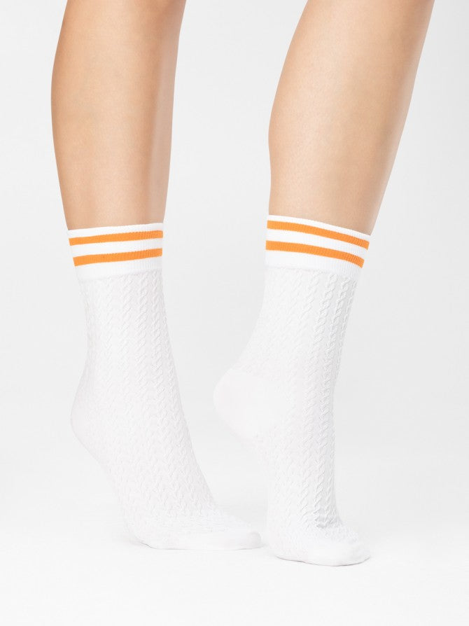 Fiore Player Sock - White opaque fashion ankle socks with a subtle cable knit style textured pattern, double orange sports style striped cuff.