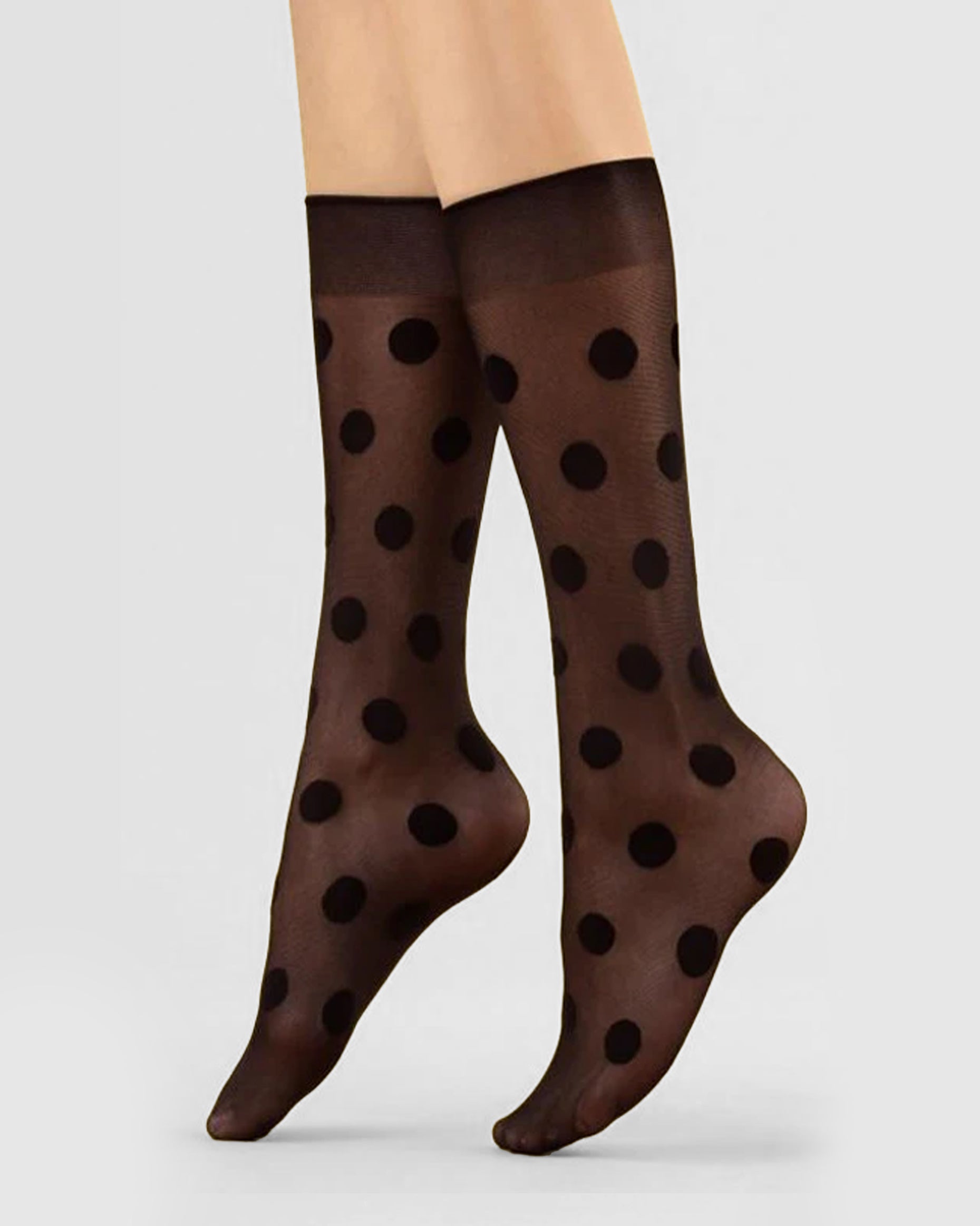Fiore Playful Knee-highs - Sheer black fashion knee-high socks with woven opaque polka dot spot pattern and deep comfort.