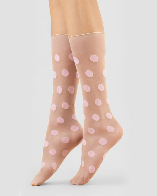 Fiore Playful Knee-highs - Sheer nude fashion knee-high socks with woven light pink polka dot pattern and deep comfort. Side view.
