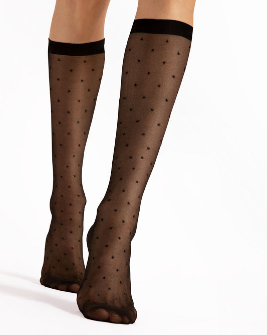 Fiore Quebec 15 Den - Sheer black fashion knee-high socks with a small polka dot pattern, plain elasticated cuff and sheer reinforced toe.