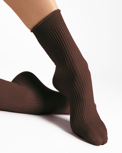 Brown ribbed ankle-high socks on a white background