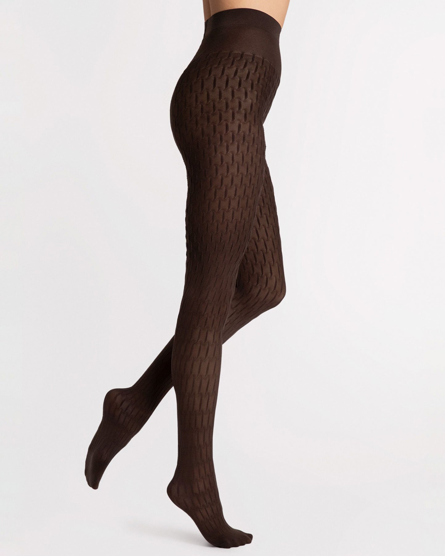 Brown textured patterned tights on a white background