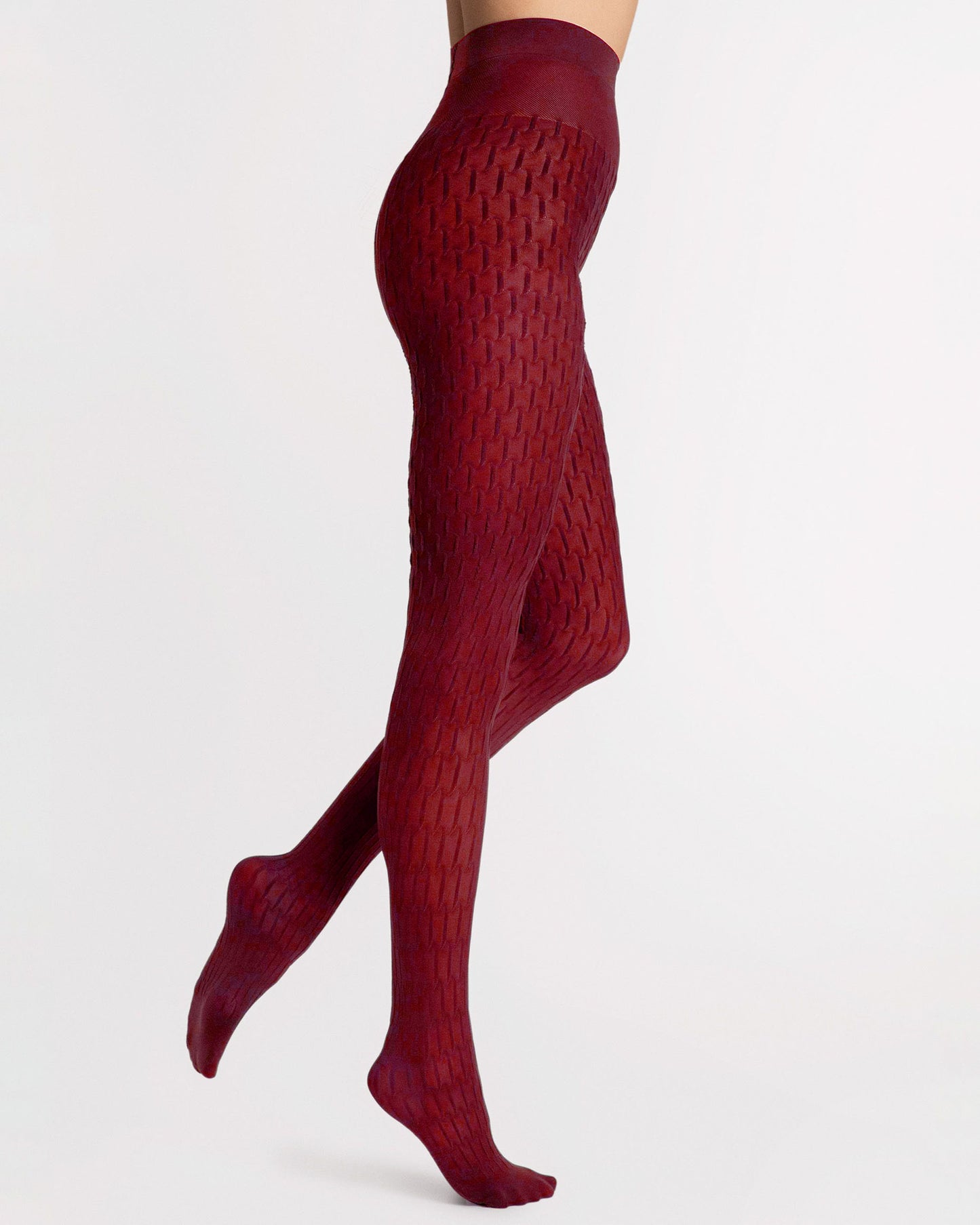 Maroon textured pattern tights on a white background