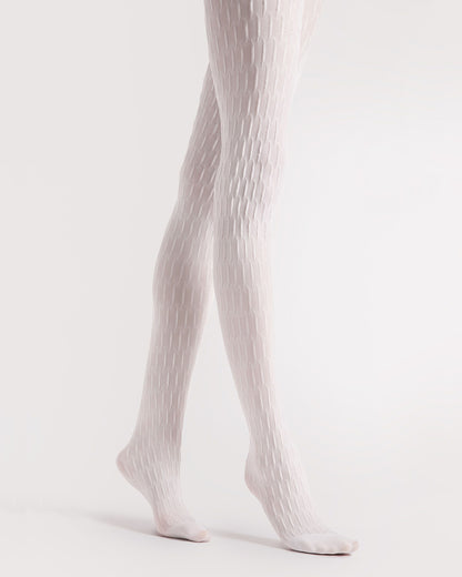 White textured tights with a subtle pattern on a light grey background