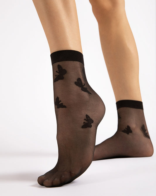 Fiore Summer 15 Den - Sheer black fashion ankle socks with a butterfly pattern, plain elasticated cuff and sheer reinforced toe.