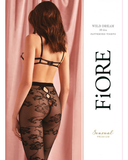 Fiore Wild Dream 30 Den - Sheer black floral lace patterned tights with an open buttoned effect rear seam. Package.