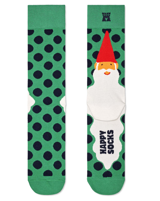 Happy Sock P000258 Santa's Beard Socks - Green cotton crew length socks with navy polka dot pattern and Santa on the back with long white beard.