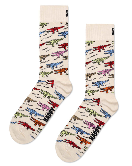 Happy Socks P000713 Crocodile Sock - Cream cotton crew length ankle socks with a multicoloured pattern of crocodiles or alligators.