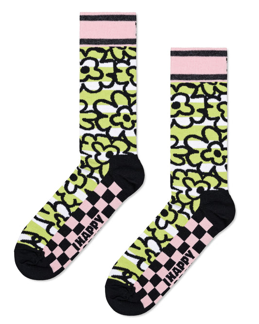 Happy Socks P000734 Flow Flower Sock - Lime green and white horizontal stripe cotton crew length ankle socks with black outlined flower pattern, black and pink checkerboard pattern sole, pink cuff with black stripe edge and black toe and heel.
