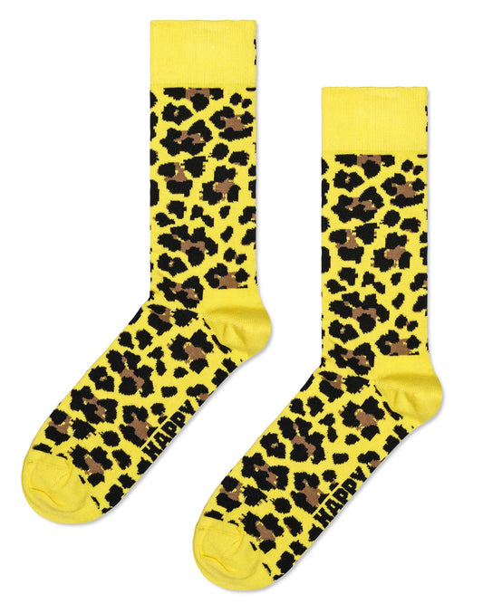 Happy Sock P000755 Leo Sock - Yellow cotton crew length ankle socks with a black and brown leopard print pattern.
