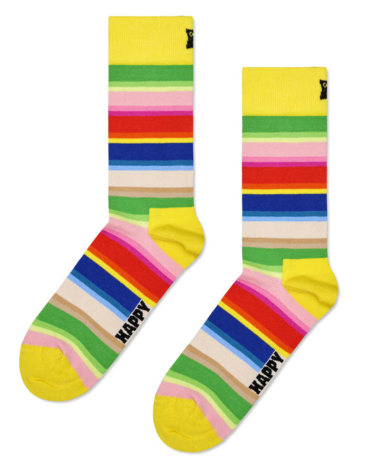 Happy Socks P000834 Gradient Sock - Bright yellow crew length ankle socks with a multicoloured horizontal rainbow stripe pattern.