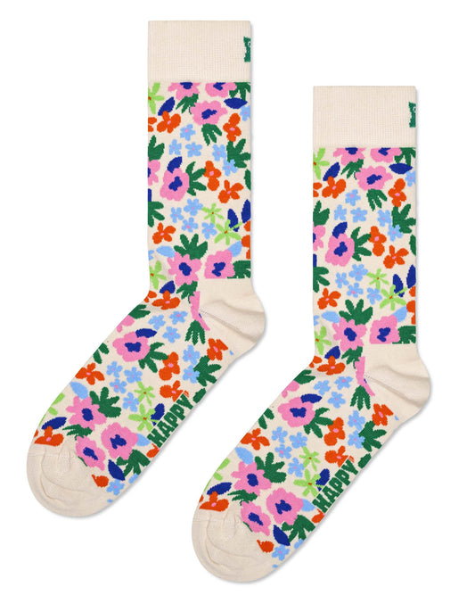 Happy Socks P000835 Flower Sock - Cream cotton crew length ankle socks with bright multicoloured flower pattern.