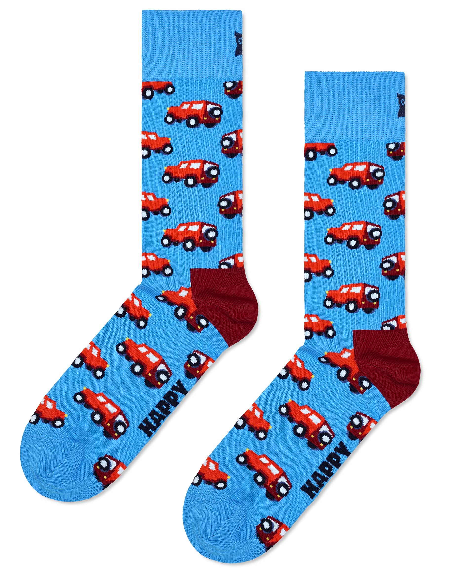 Happy Socks P000045 SUV Sock - Light blue crew cotton socks with an all over SUV type car pattern in shades of red and cream.
