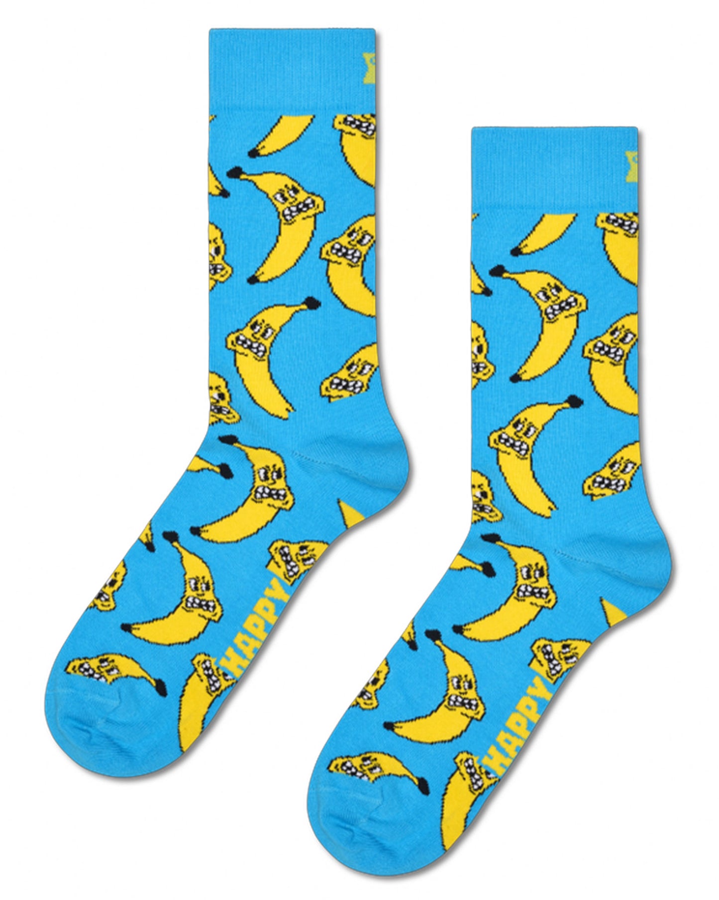 Blue socks with yellow banana pattern on a white background