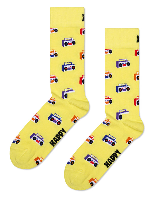 Happy Sock Boom Box Sock - light pale yellow cotton crew with ghetto blaster pattern in purple, orange, white and black.