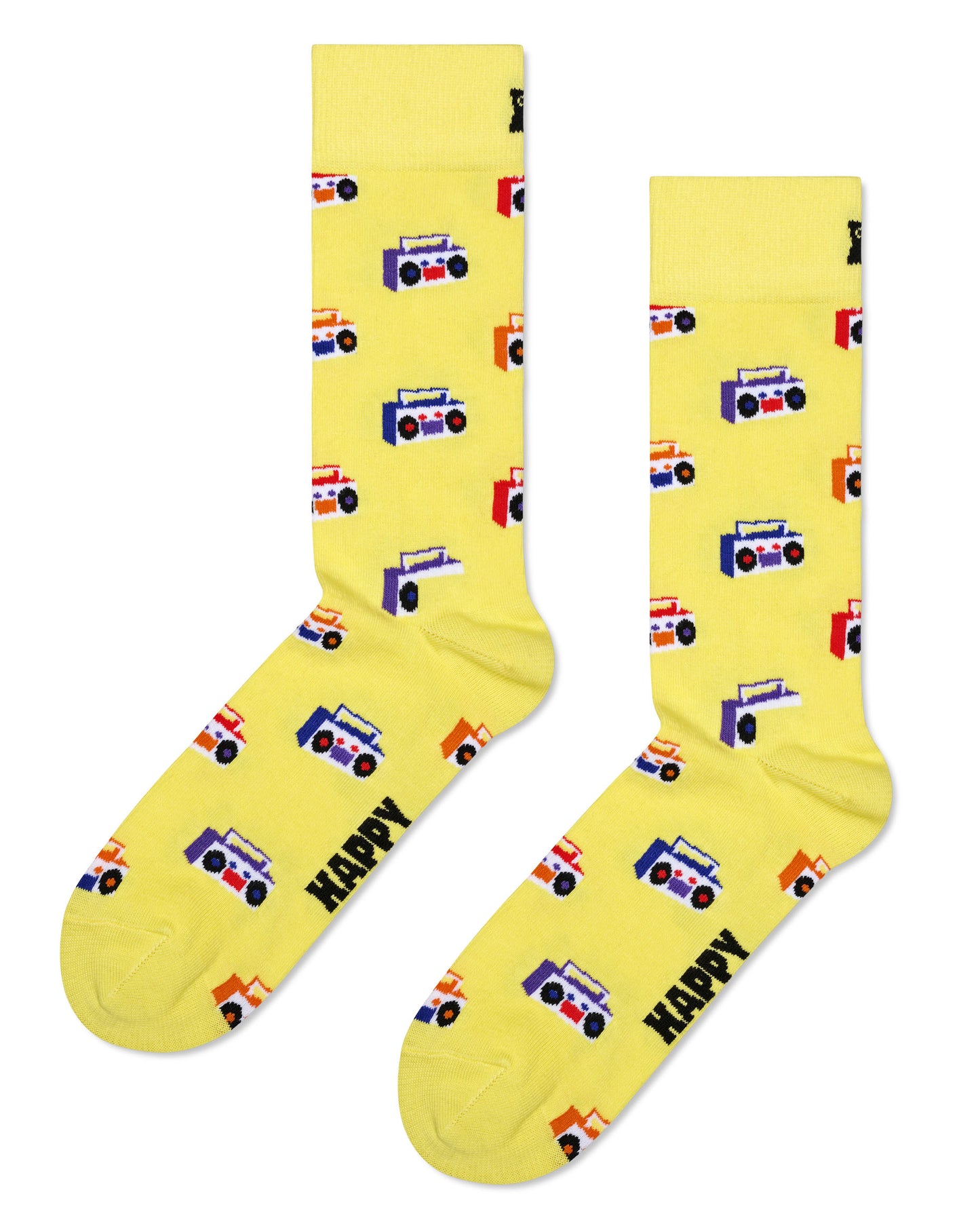 Happy Sock Boom Box Sock - light pale yellow cotton crew with ghetto blaster pattern in purple, orange, white and black.