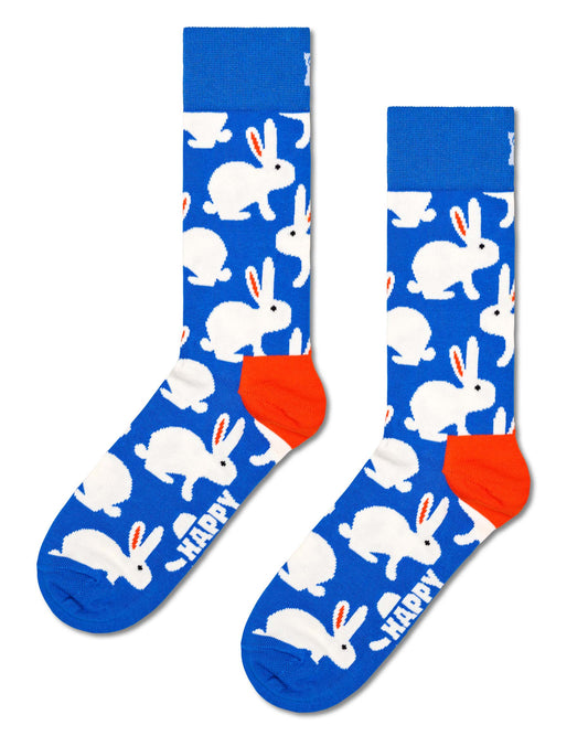 Happy Socks P000477 Bunny Sock - Blue cotton crew length ankle socks with an all over white bunny rabbit pattern and orange heel. Available in men and women's sizes.