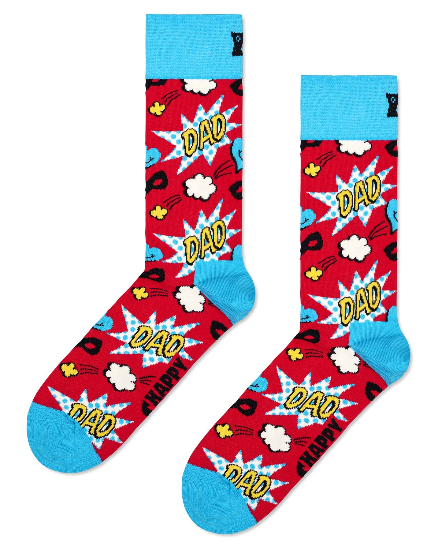 Two red socks with blue toes and heels, featuring comic-style 'DAD' text and speech bubbles on a white background.