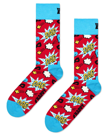 Two red socks with blue toes and heels, featuring comic-style 'DAD' text and speech bubbles on a white background.