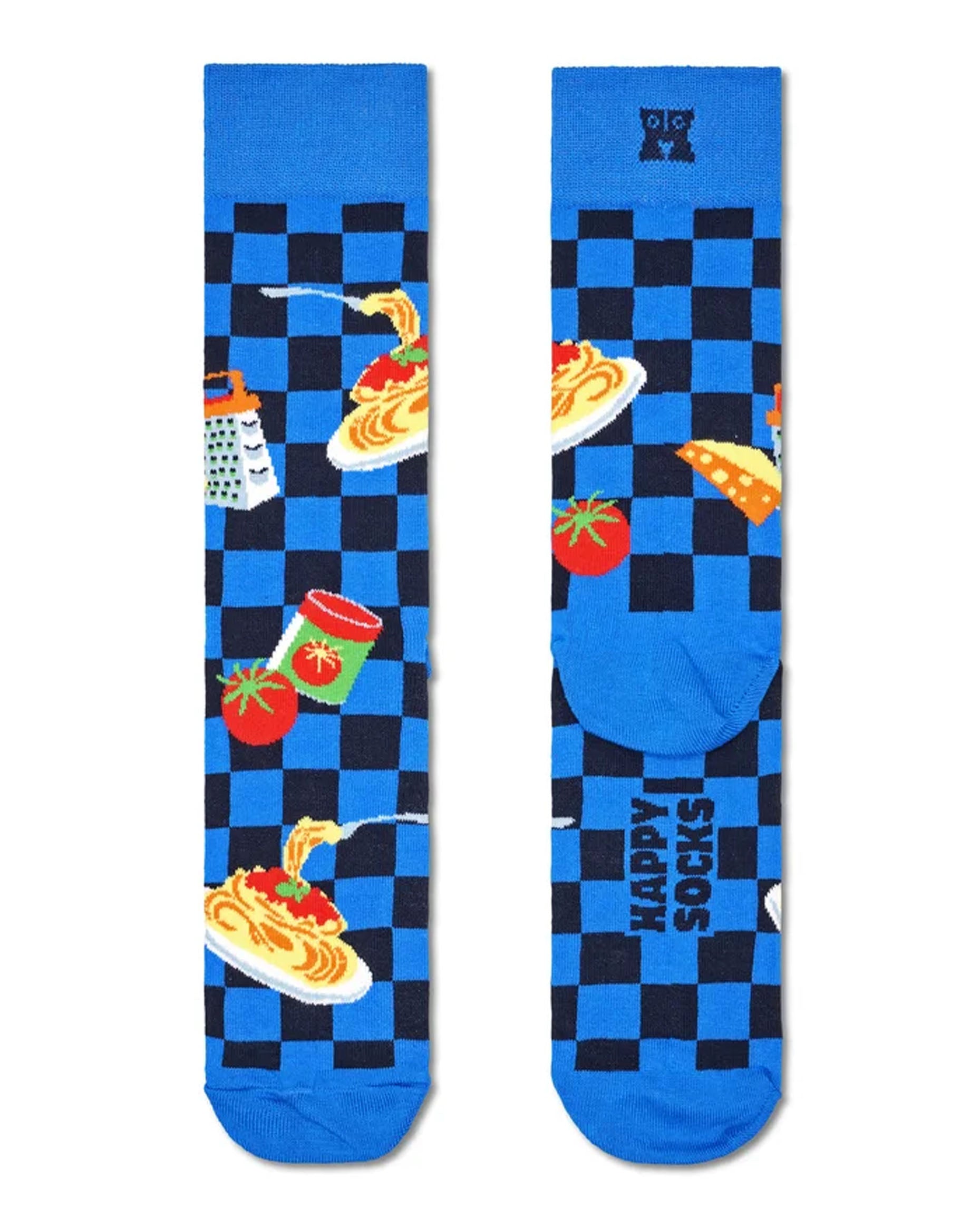 Dark blue cotton crew length ankle socks with a black checkered pattern, plates of spaghetti bolognaise, tomatoes and tins of tomatoes.