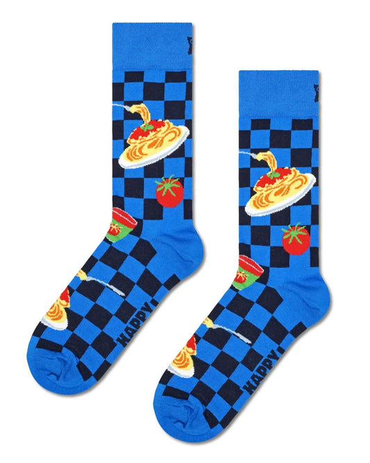 Dark blue cotton crew length ankle socks with a black checkered pattern, plates of spaghetti bolognaise, tomatoes and tins of tomatoes.