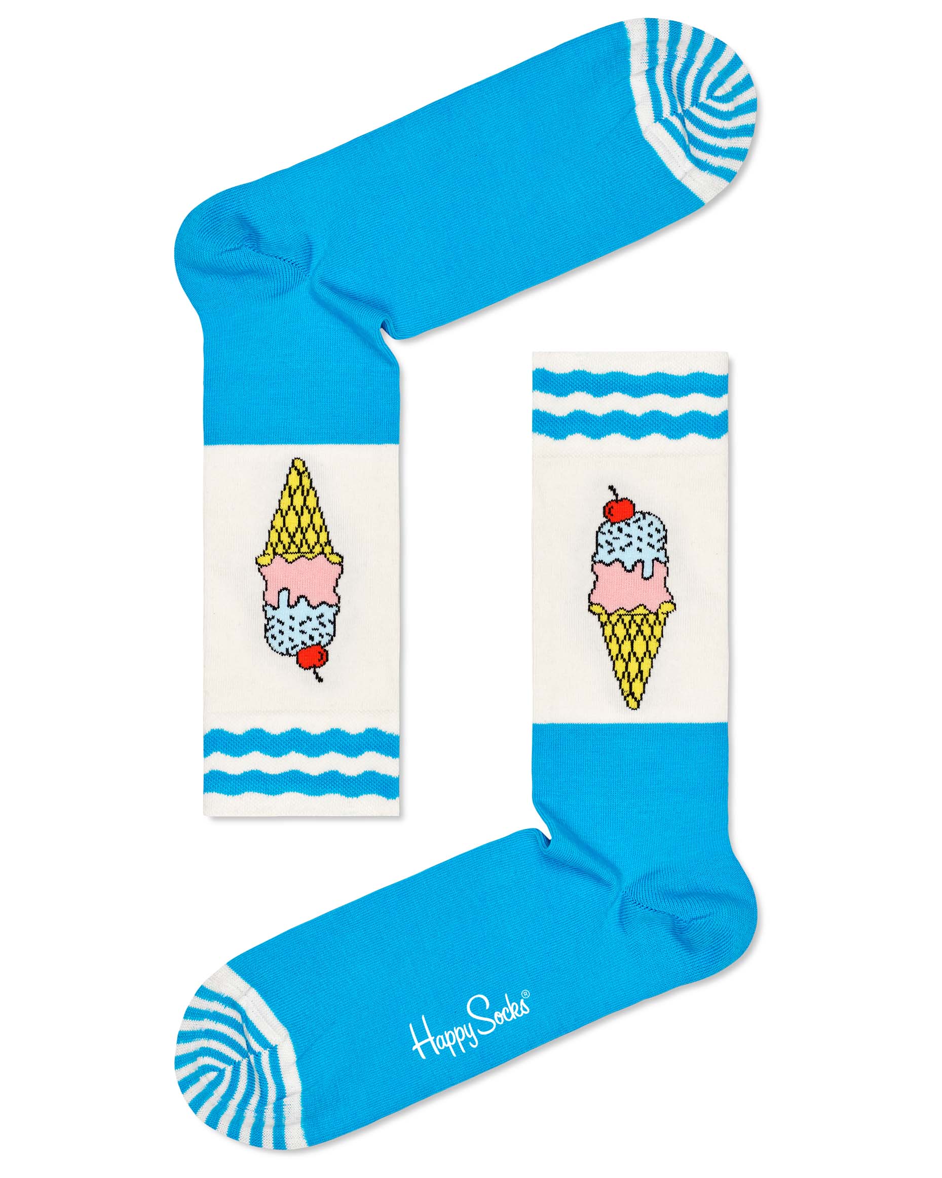 Happy Socks CRE01-6300 Ice Cream Sock - Ocean blue cotton mix crew length ankle socks with an ivory top, ice-cream cone motif and blue wavy double striped cuff and striped toe.