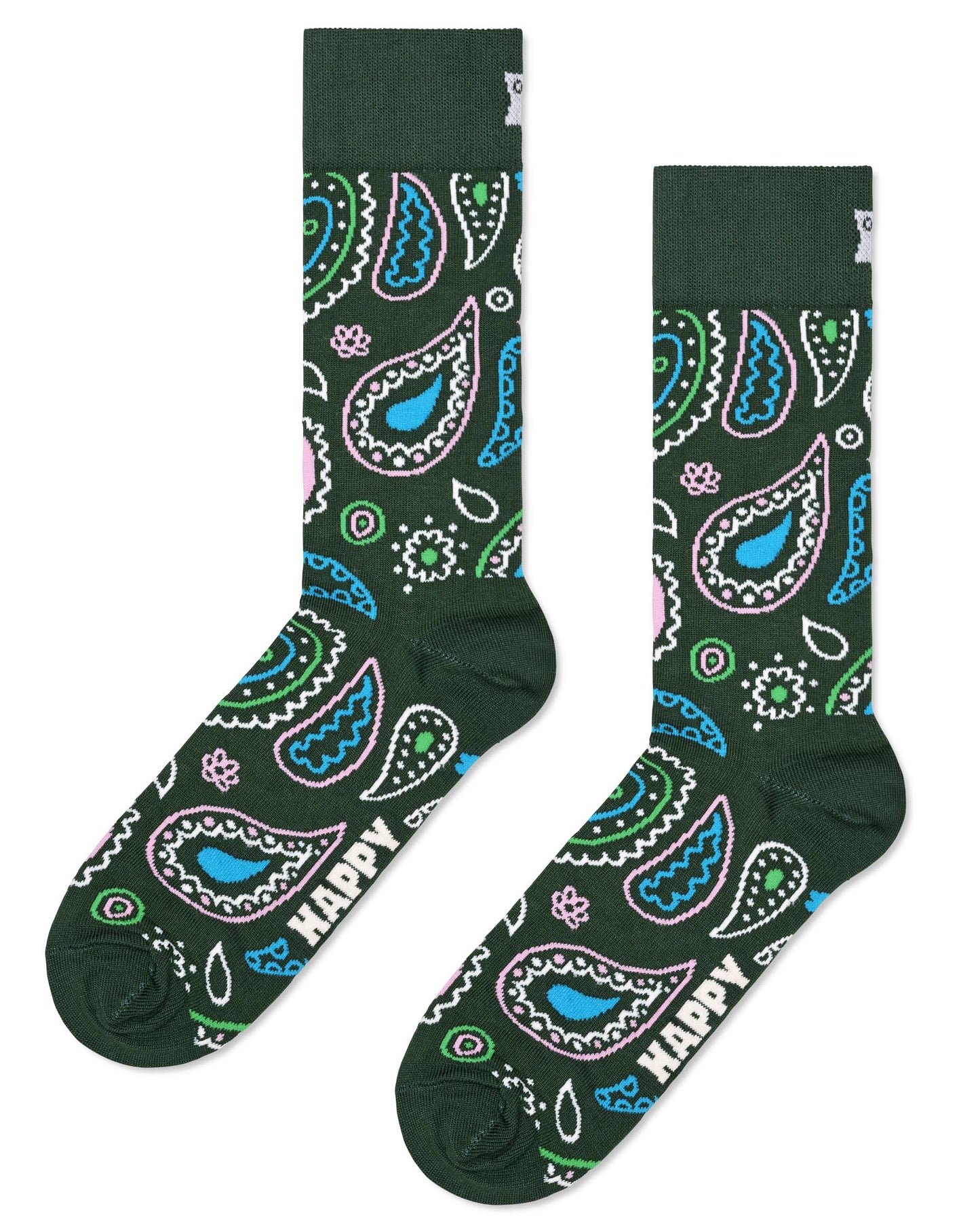 Happy Socks P000086 Paisley Sock - Khaki green cotton crew socks with a paisley style pattern in light shades of blue, pink, green and cream.