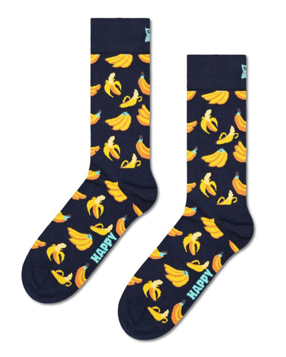 A pair of navy blue crew socks with a repeating pattern of yellow bananas and the word 'HAPPY' printed in light blue near the foot, displayed against a plain white background.