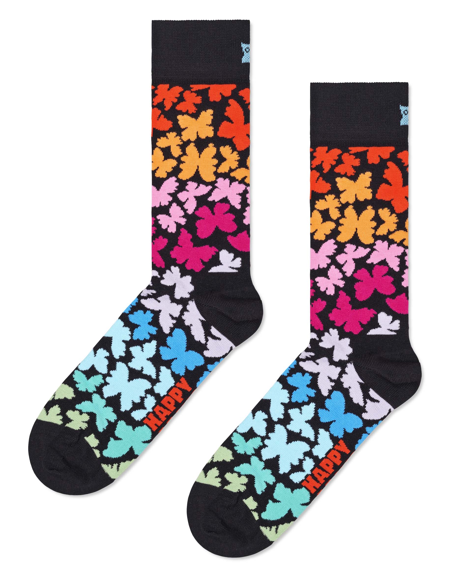 Happy Socks P000154 Butterfly Socks - Black crew length cotton socks with multicoloured butterfly pattern.
