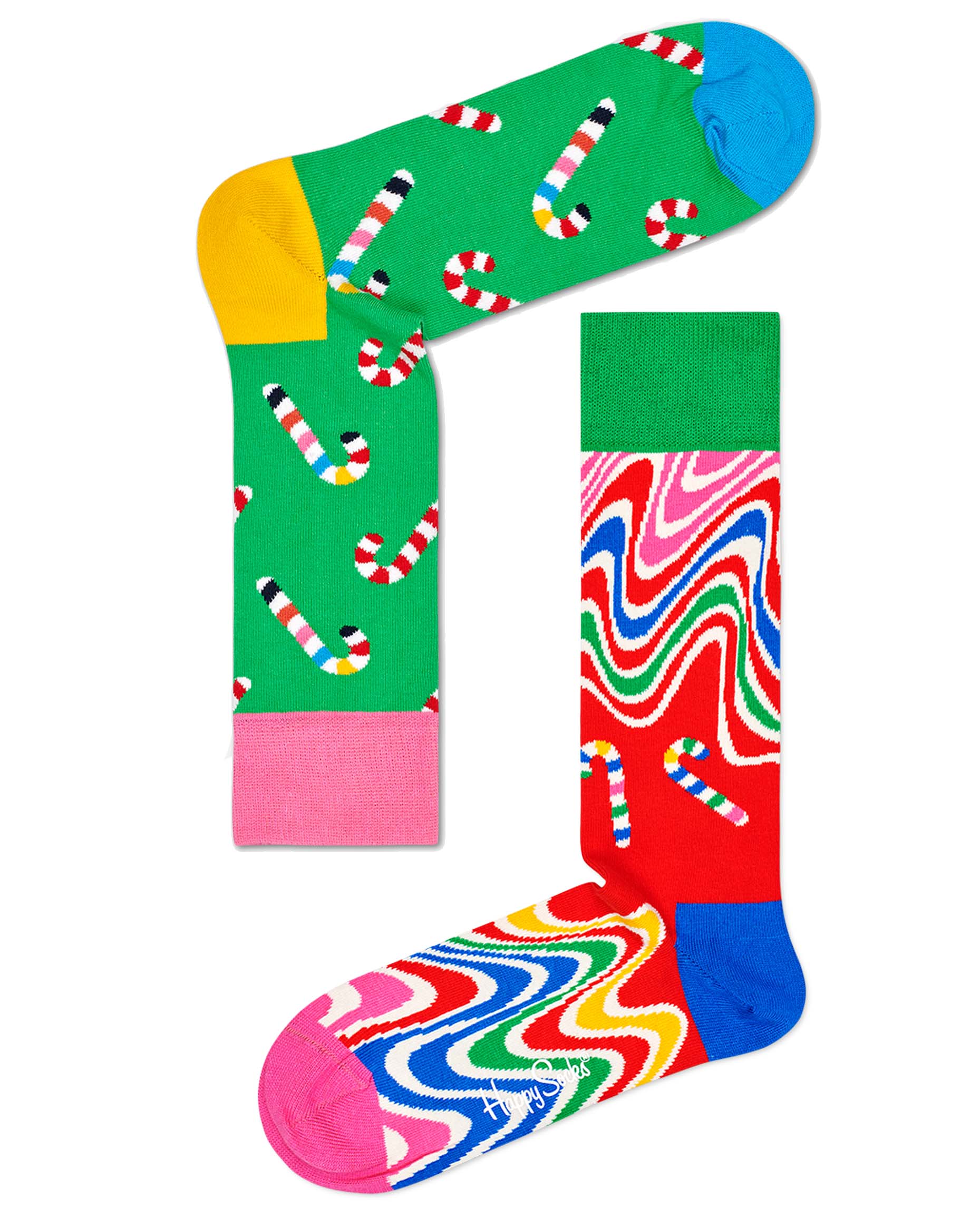 Happy Socks XCCA02-0100 Psychedelic Candy Cane Socks Gift Box - Christmas Cracker gift box with two pairs of socks. One pair is red with multicoloured wavy lines pattern and candy canes and the other is green with multicoloured candy cane pattern, pink cuff, yellow heel and blue toe. Available in men and women size.