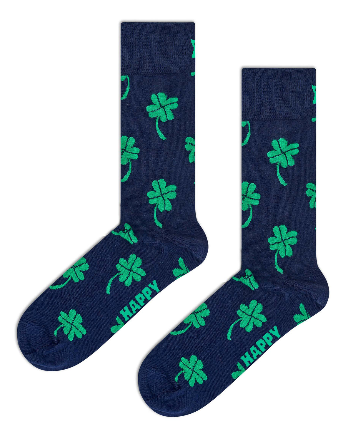 A pair of navy blue crew socks with a green four-leaf clover pattern and the word 'HAPPY' printed near the toe, displayed against a plain white background.