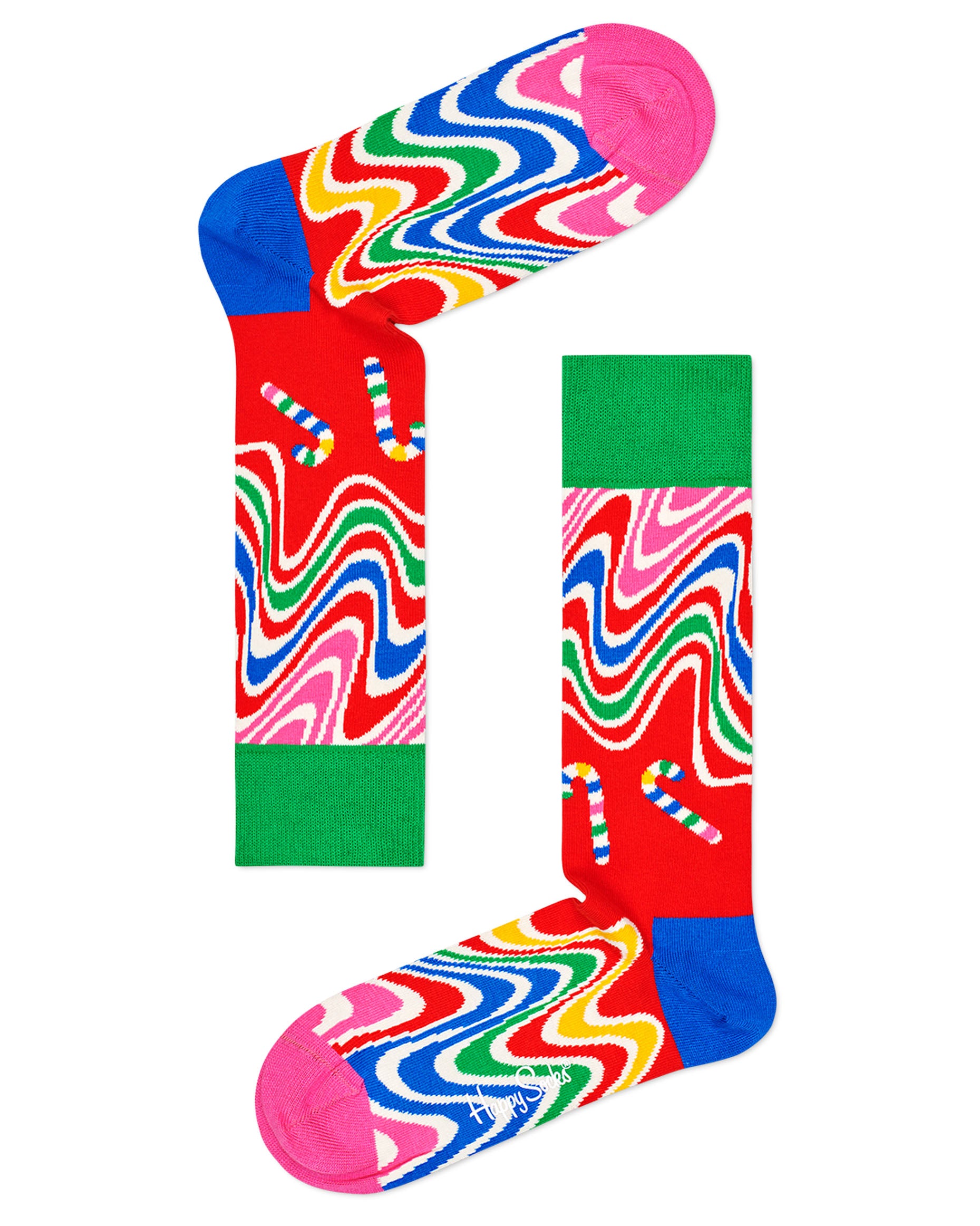 Happy Socks XCCA02-0100 Psychedelic Candy Cane Socks Gift Box - Red cotton socks with multicoloured wavy lines pattern and candy canes