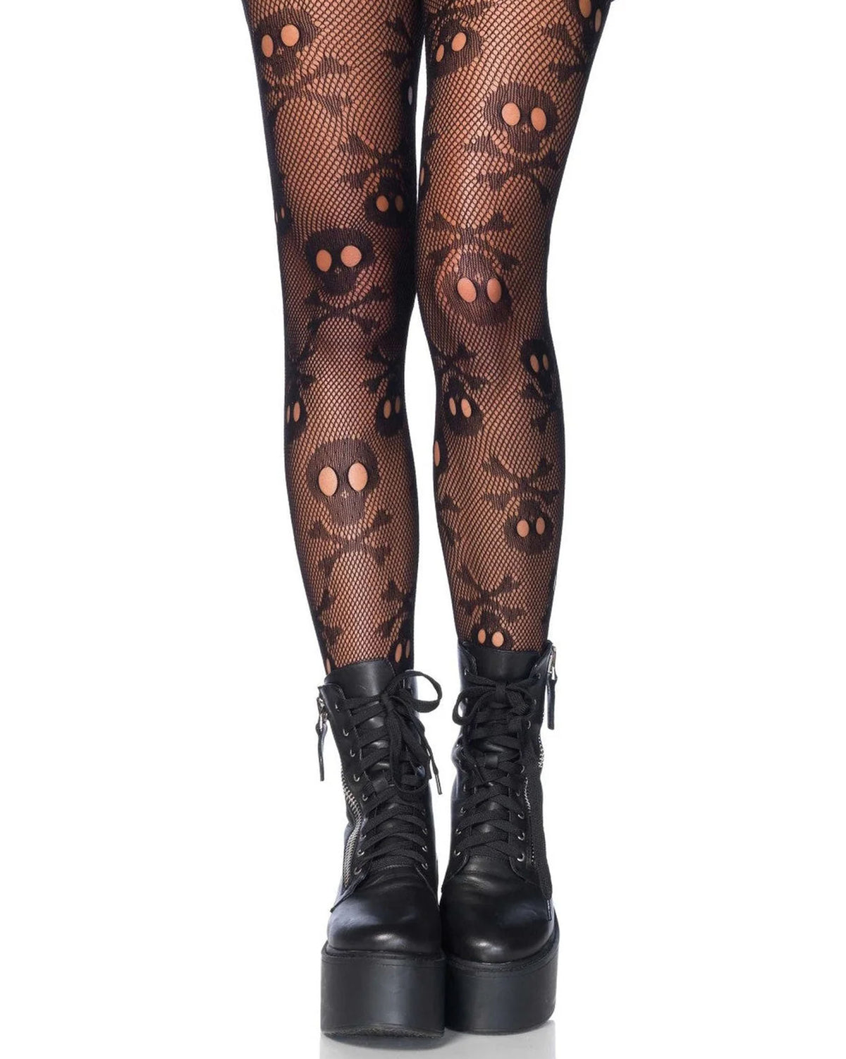 Black fishnet tights with a repeating skull and crossbones pattern, shown on a model's legs paired with black lace-up platform ankle boots against a white background.