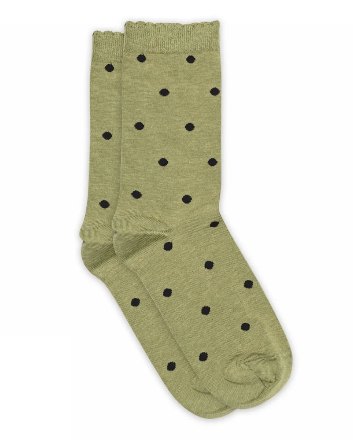 Light green crew length socks with black polka dot pattern