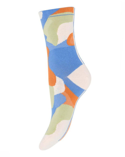 MP Denmark Alicia Sock - Cream cotton fashion ankle socks with an all over abstract camouflage style pattern in light blue, orange and lime with a stripe on the back from the cuff to the toe.