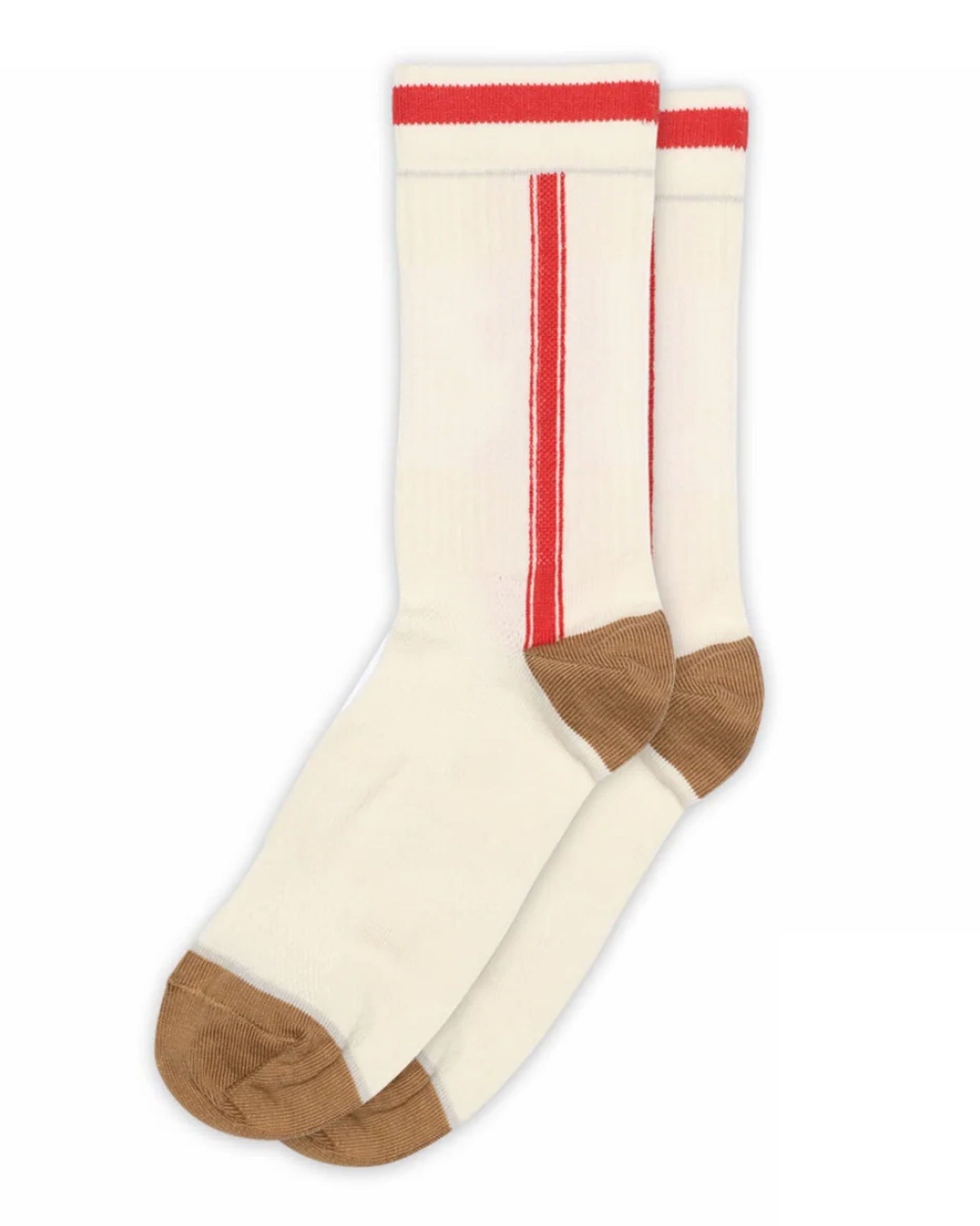 White socks with red stripes and brown toes and cuffs on a white background